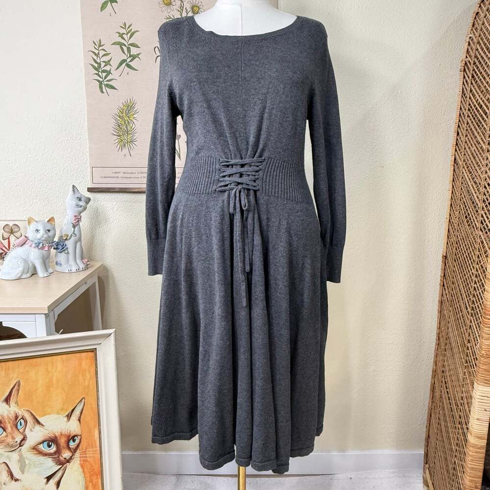 Gray Corset Lace Up Front Knit Dress Forest Gloomy Coquette Mori Kei Grunge M L